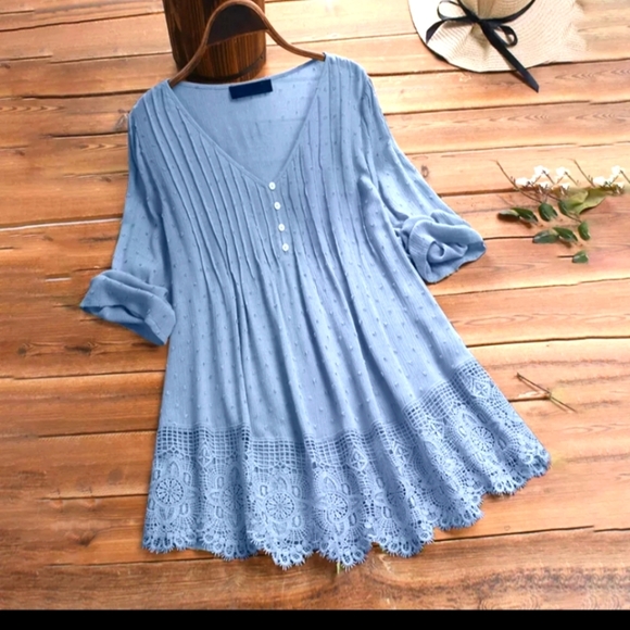 Tops - Bohemian Ruffled Lace Trim Shirt Blouse Tunic Loose VNeck 3/4 Sleeve Top